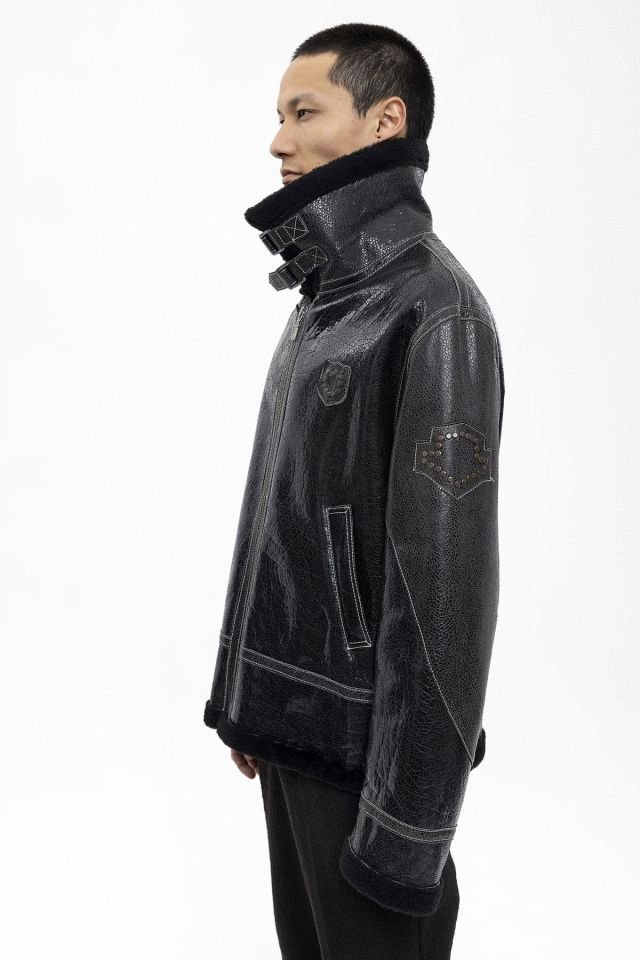 Black Oversize Man Genuine Shearling Coat