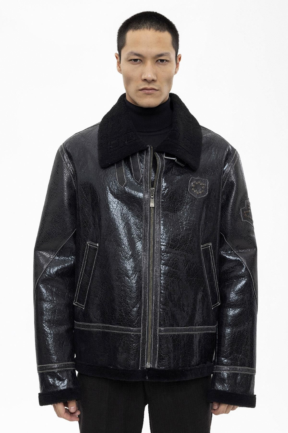 Black Oversize Man Genuine Shearling Coat