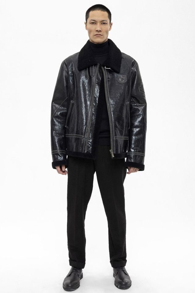 Black Oversize Man Genuine Shearling Coat