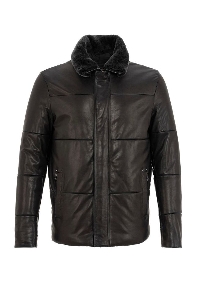 Black Romeo Fur Collar Man Genuine Leather Coat