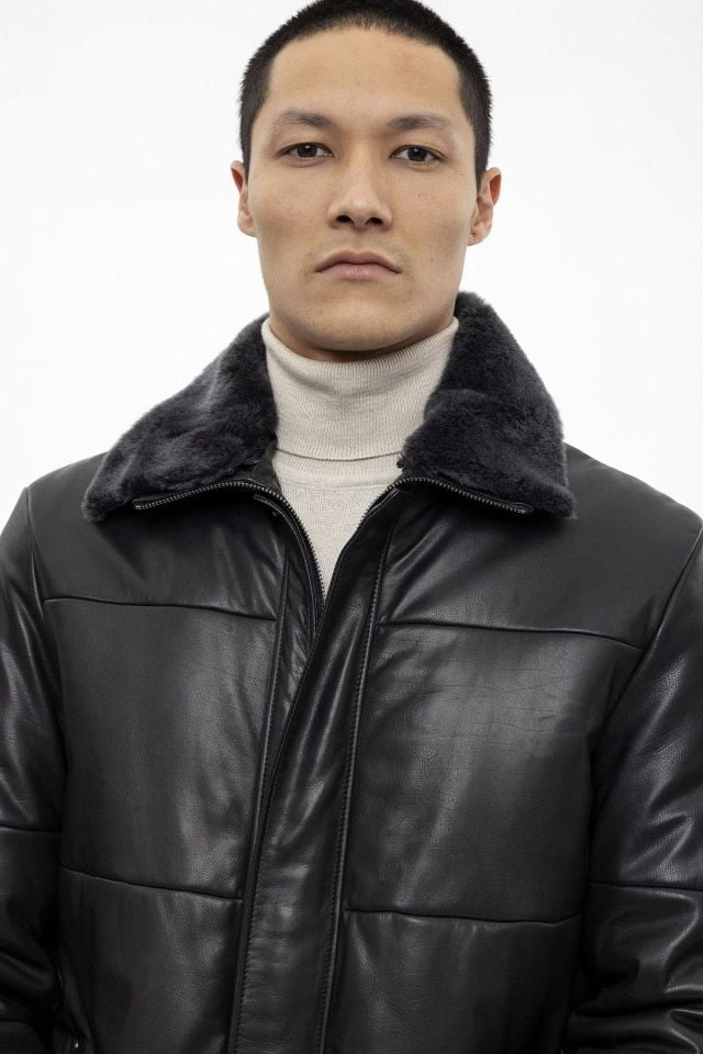 Black Romeo Fur Collar Man Genuine Leather Coat