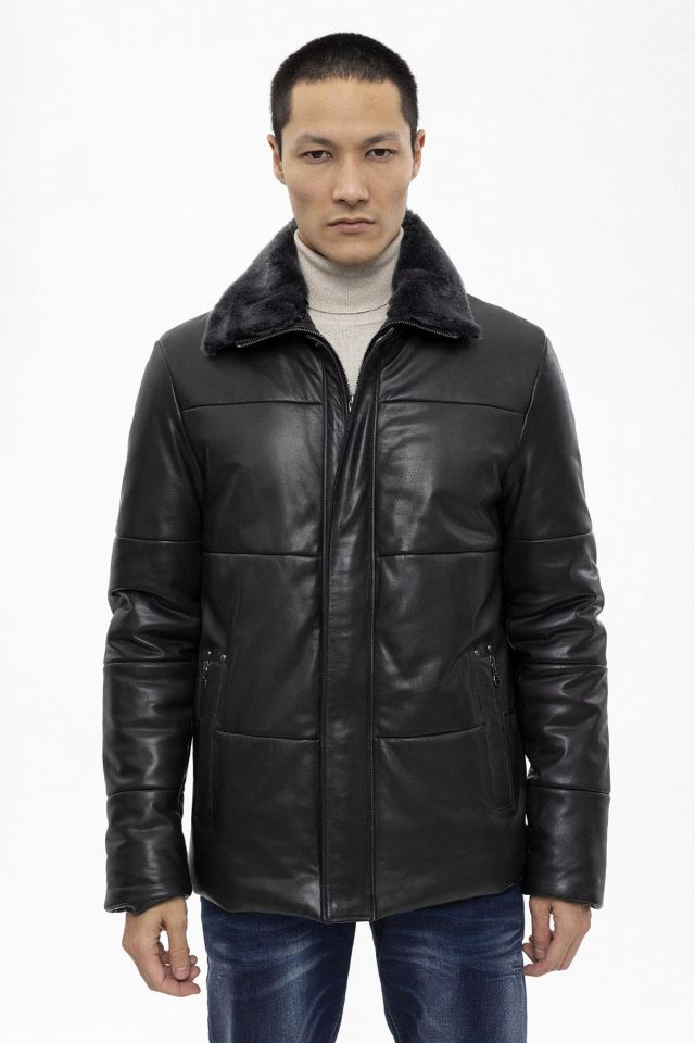 Black Romeo Fur Collar Man Genuine Leather Coat