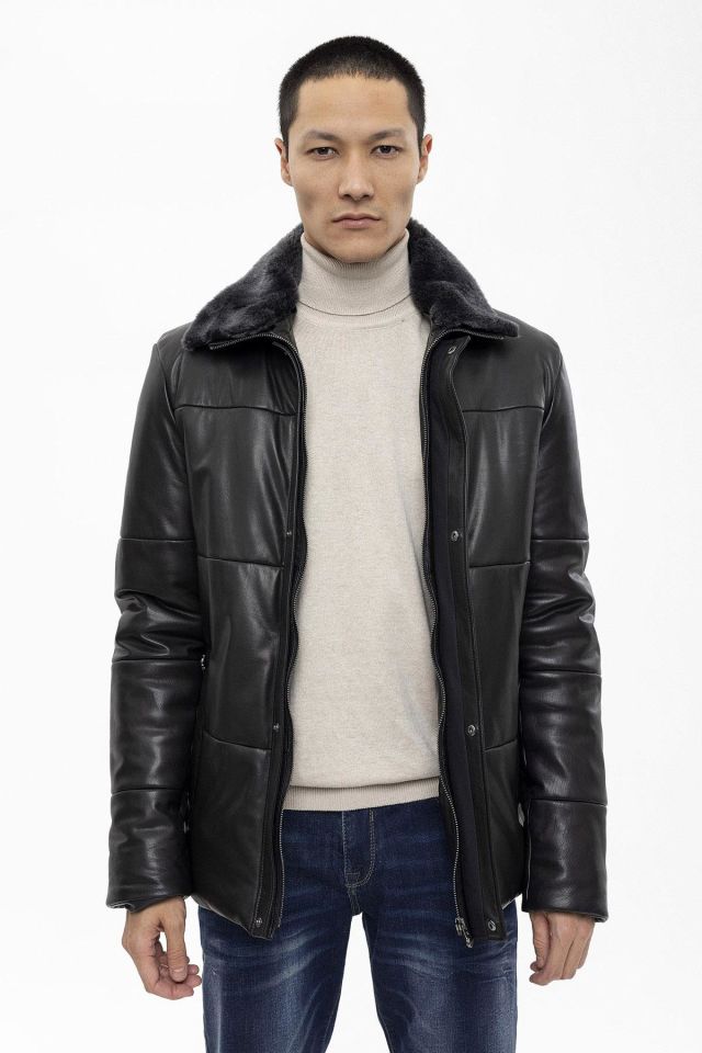 Black Romeo Fur Collar Man Genuine Leather Coat