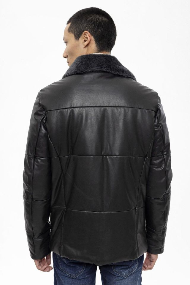 Black Romeo Fur Collar Man Genuine Leather Coat