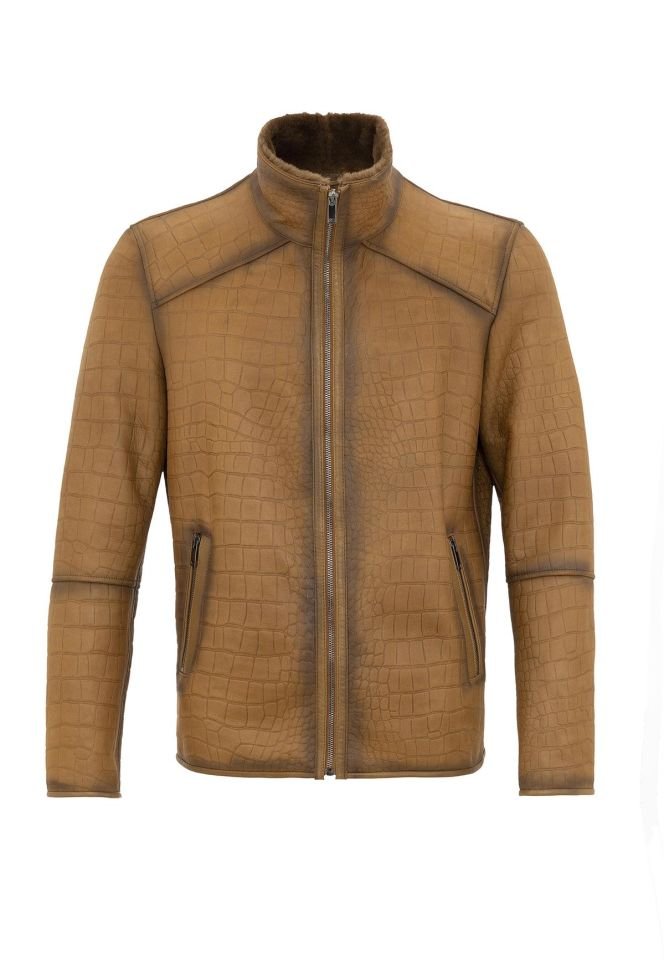 Jo Whiskey Croco Print Genuine Shearling Man Coat
