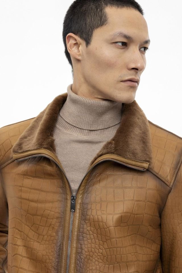 Jo Whiskey Croco Print Genuine Shearling Man Coat