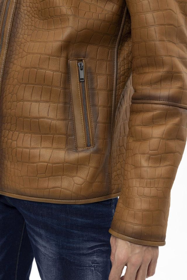Jo Whiskey Croco Print Genuine Shearling Man Coat
