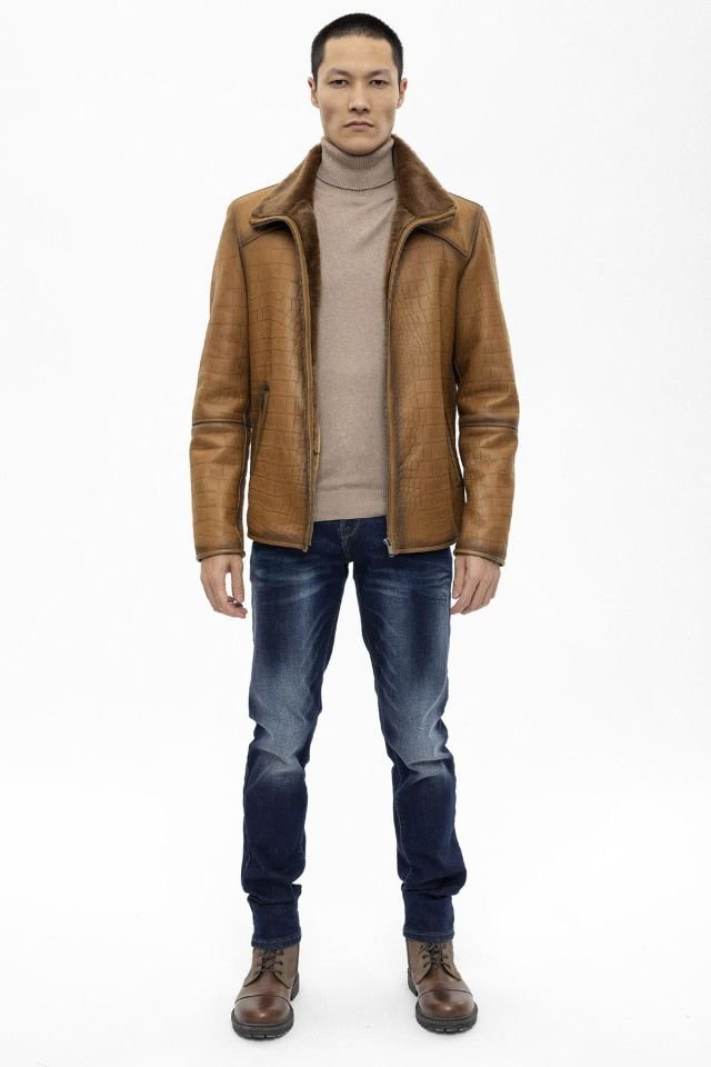 Jo Whiskey Croco Print Genuine Shearling Man Coat