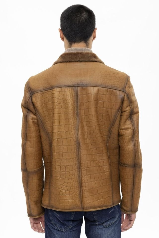 Jo Whiskey Croco Print Genuine Shearling Man Coat