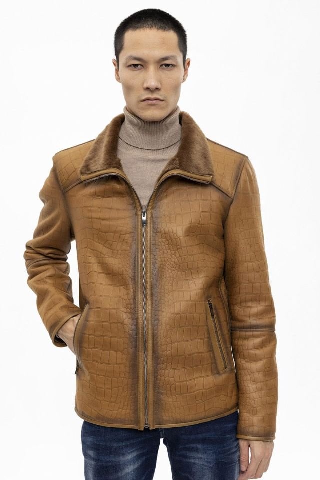 Jo Whiskey Croco Print Genuine Shearling Man Coat