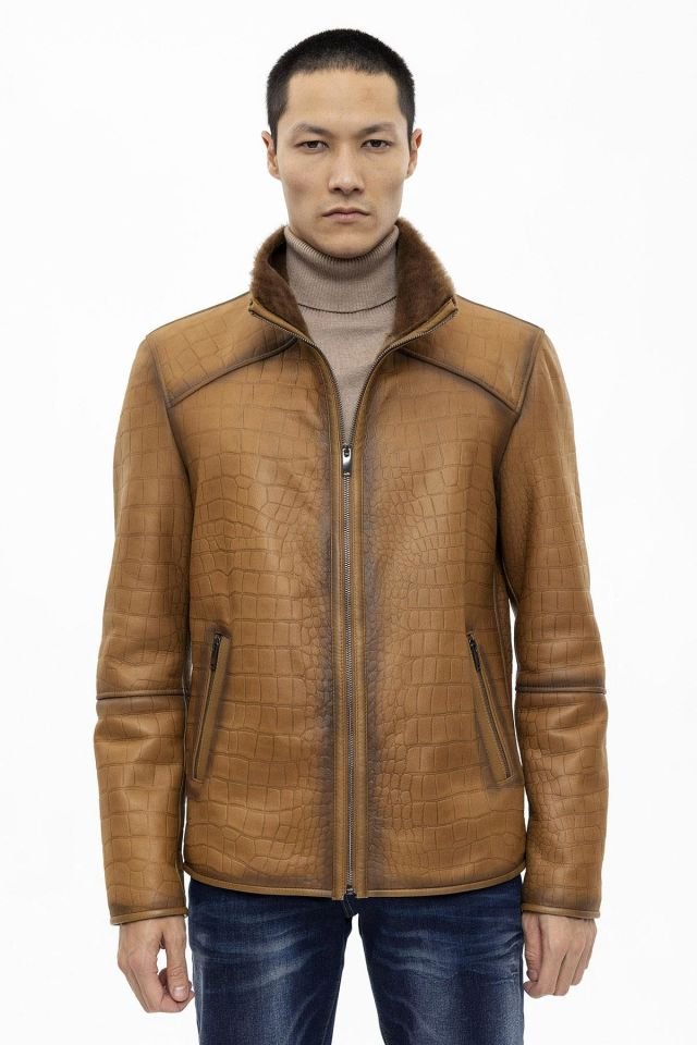 Jo Whiskey Croco Print Genuine Shearling Man Coat