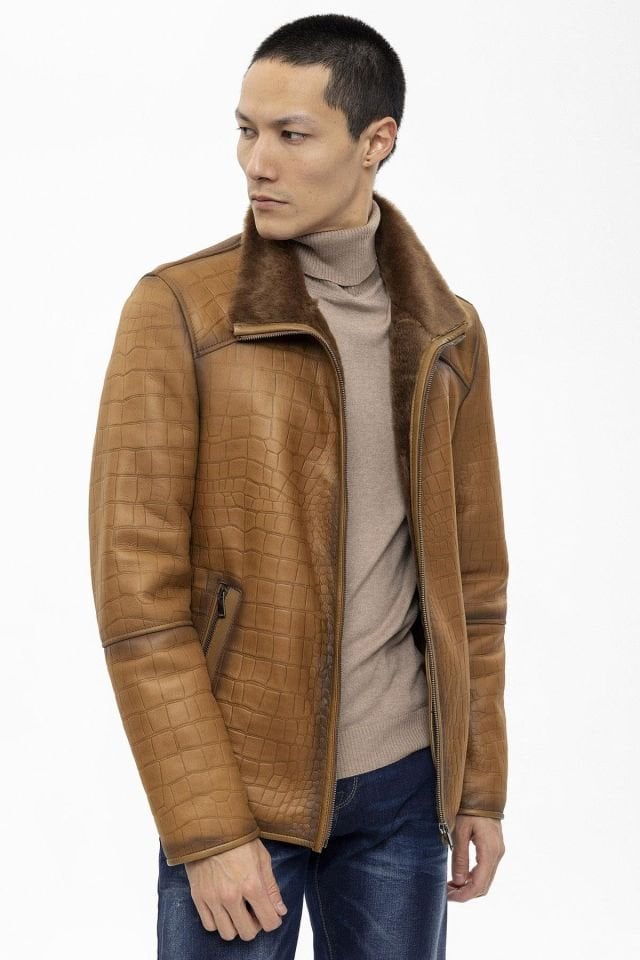 Jo Whiskey Croco Print Genuine Shearling Man Coat