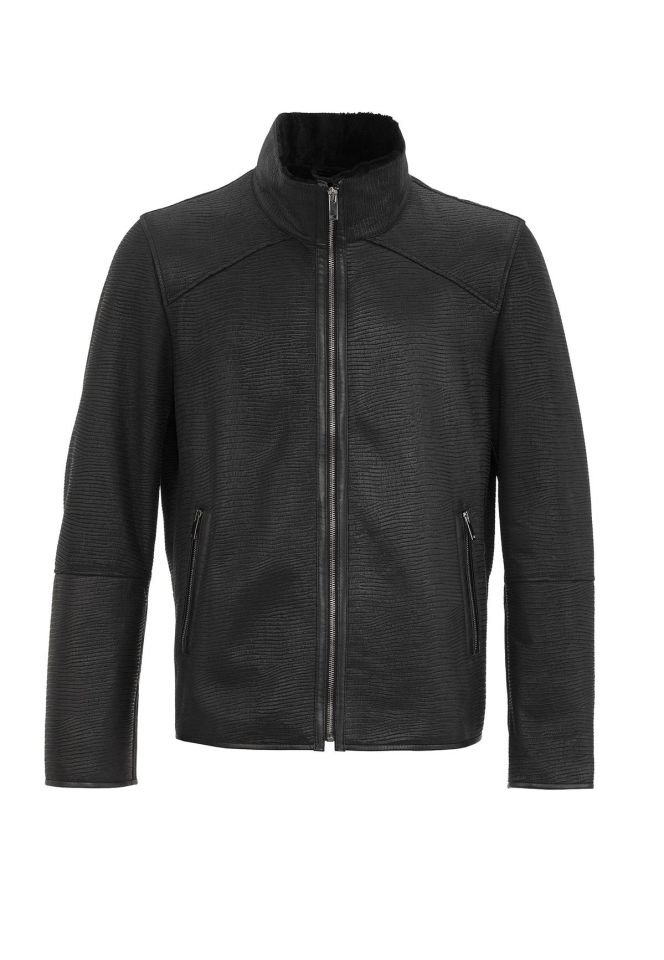 Jo Black Croco Print Genuine Shearling Man Coat