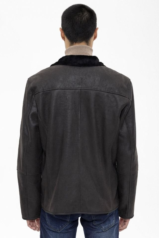 Jo Black Croco Print Genuine Shearling Man Coat