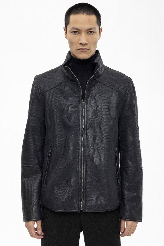 Jo Black Croco Print Genuine Shearling Man Coat