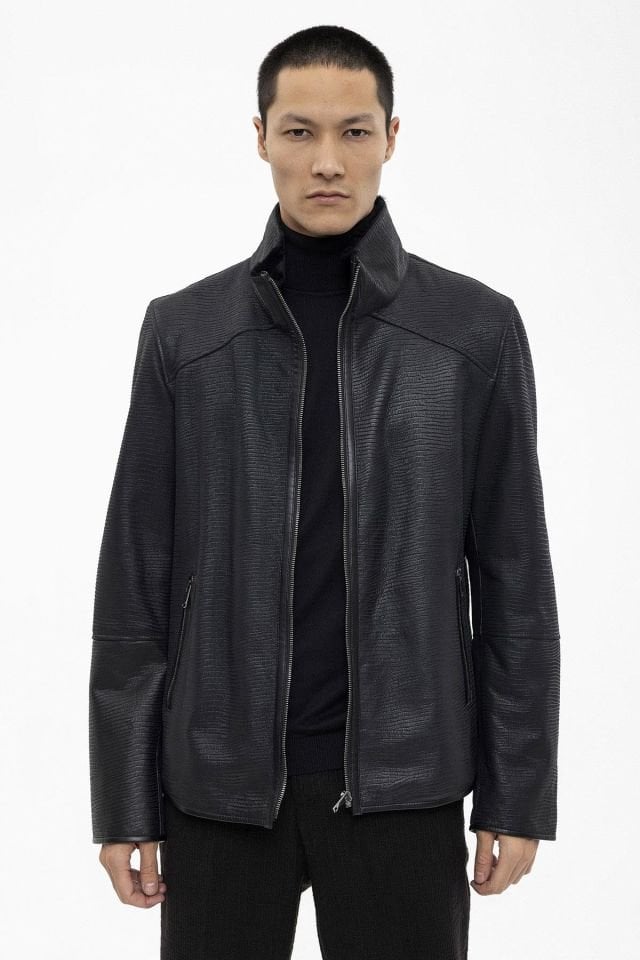 Jo Black Croco Print Genuine Shearling Man Coat