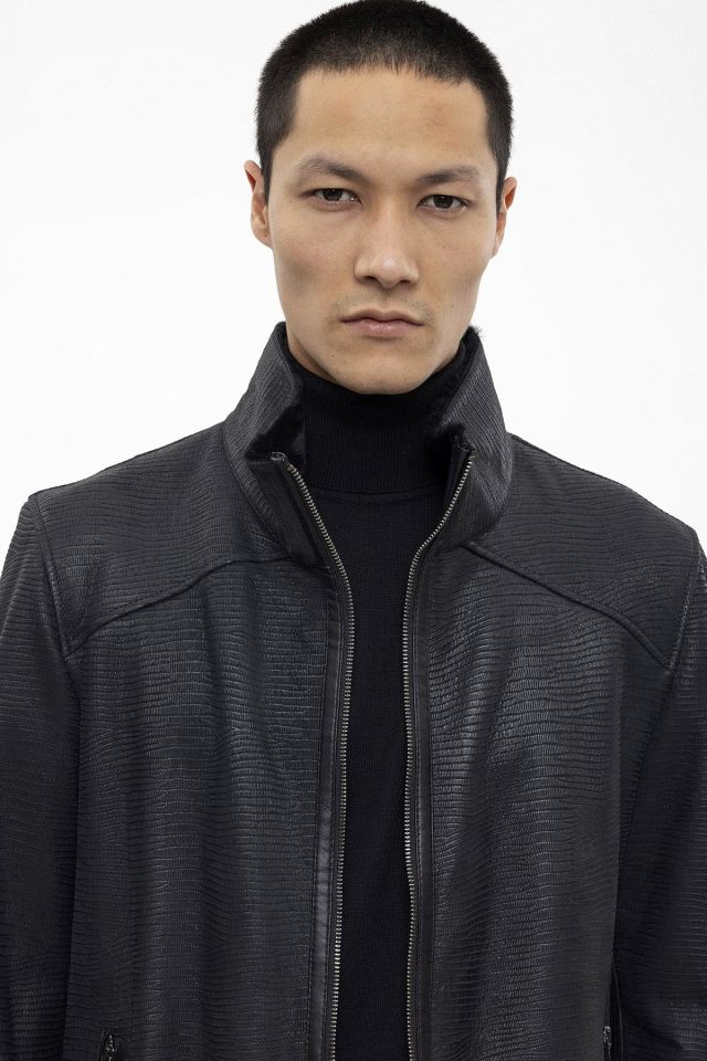 Jo Black Croco Print Genuine Shearling Man Coat