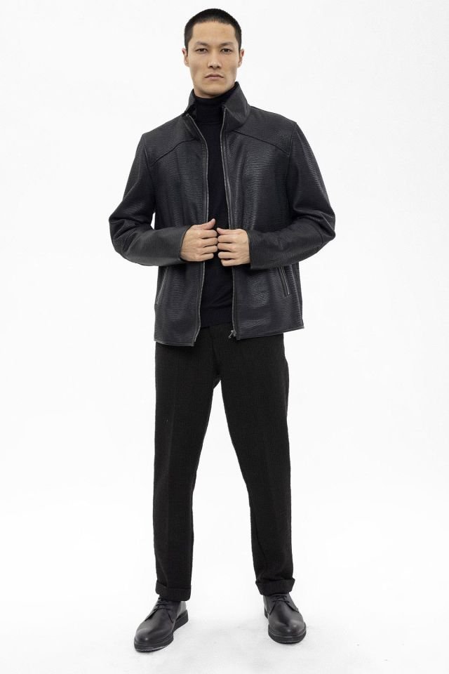 Jo Black Croco Print Genuine Shearling Man Coat