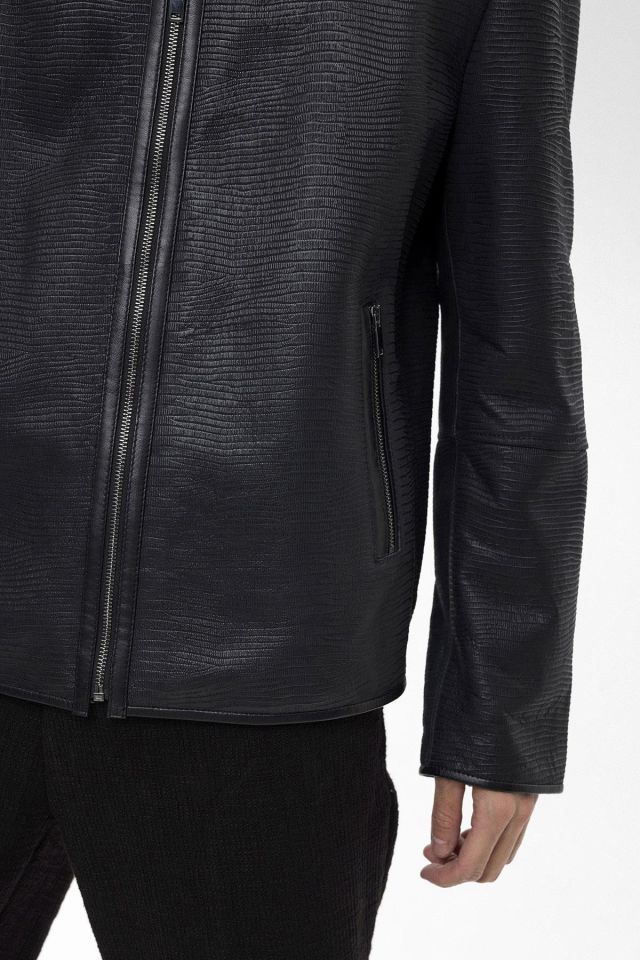 Jo Black Croco Print Genuine Shearling Man Coat