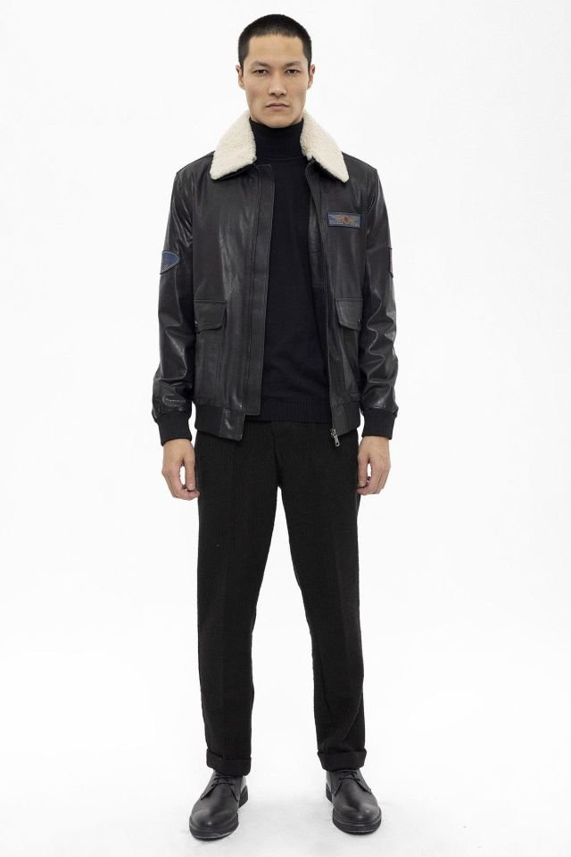 Black Benzo Collar White Fur Man Genuine Leather Bomber Jacket
