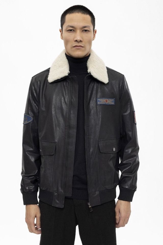 Black Benzo Collar White Fur Man Genuine Leather Bomber Jacket