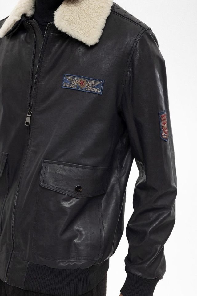Black Benzo Collar White Fur Man Genuine Leather Bomber Jacket