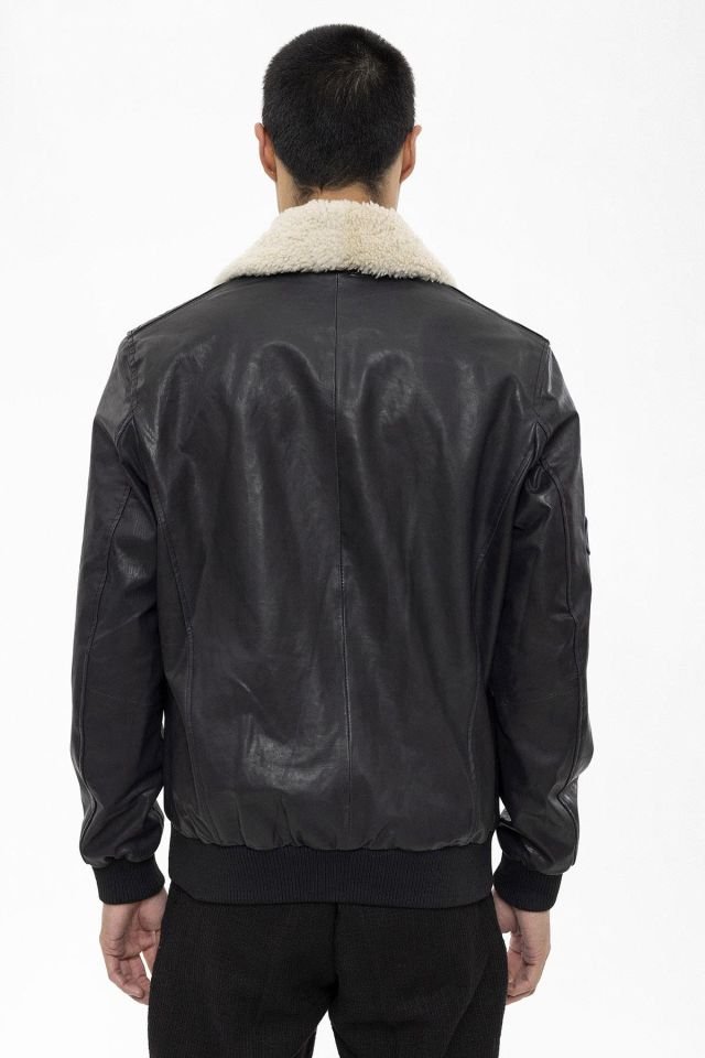 Black Benzo Collar White Fur Man Genuine Leather Bomber Jacket