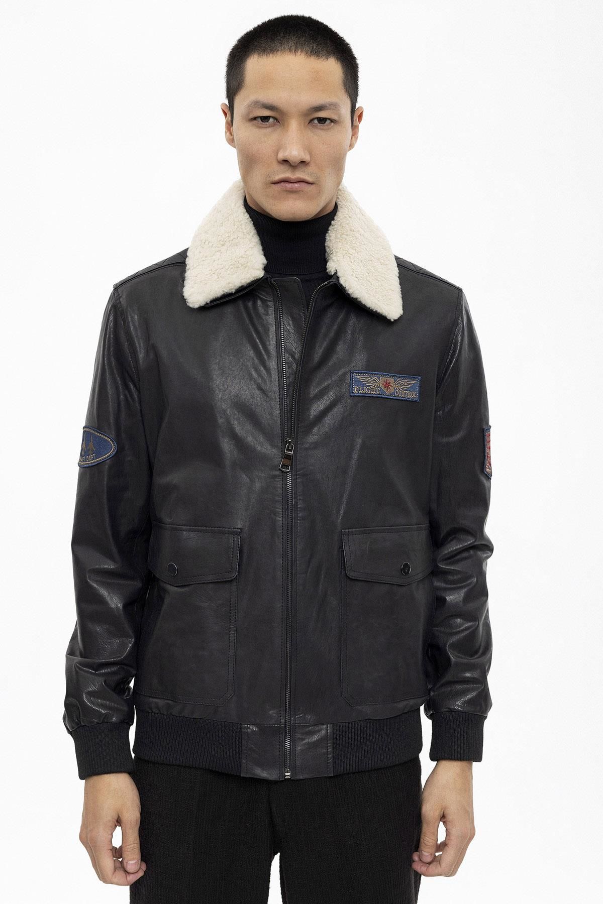 Black Benzo Collar White Fur Man Genuine Leather Bomber Jacket