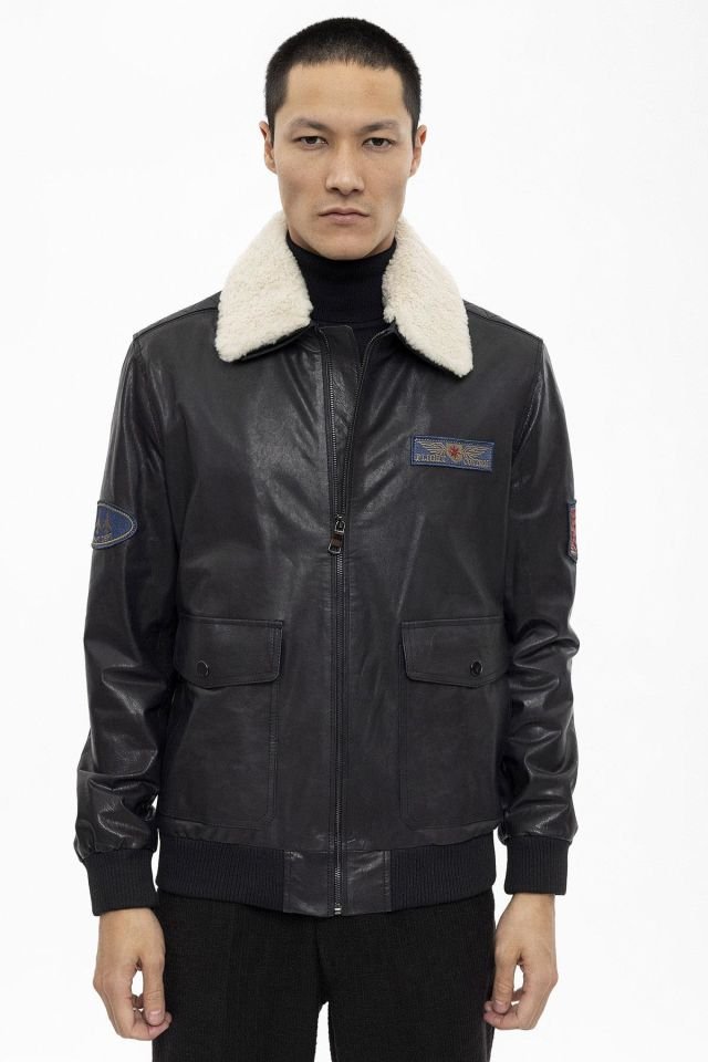 Black Benzo Collar White Fur Man Genuine Leather Bomber Jacket