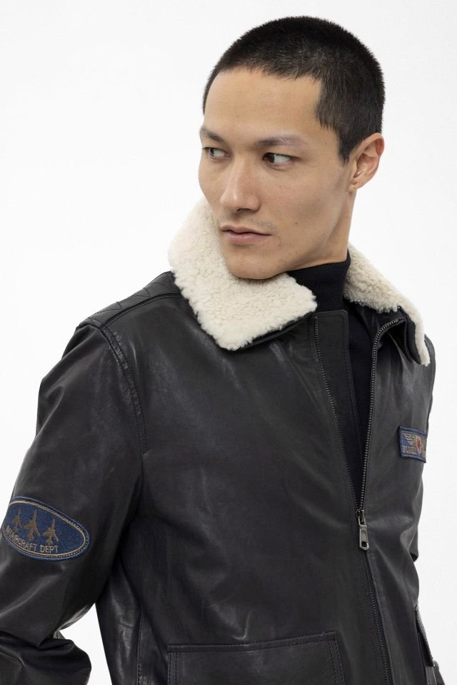 Black Benzo Collar White Fur Man Genuine Leather Bomber Jacket