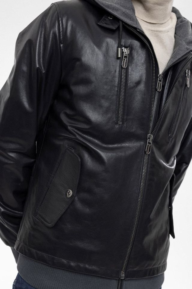 Figo Black Vest Fixed Hooded Zippered Man Genuine Leather Jacket