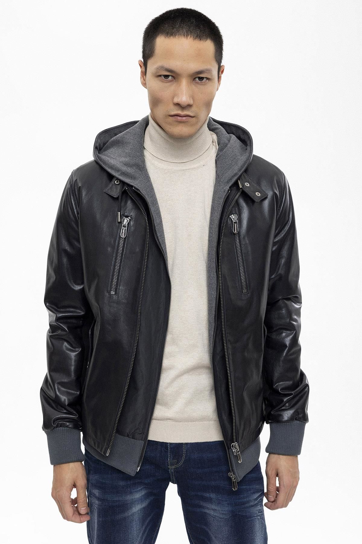Figo Black Vest Fixed Hooded Zippered Man Genuine Leather Jacket