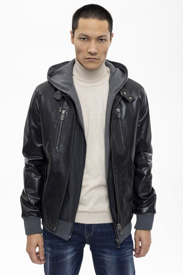 Figo Black Vest Fixed Hooded Zippered Man Genuine Leather Jacket