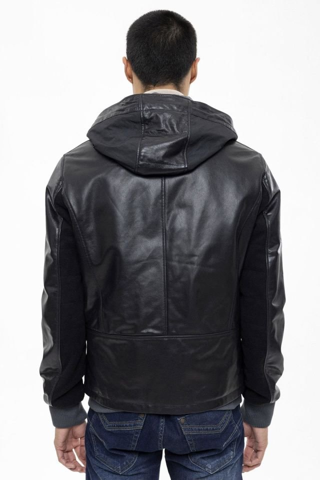 Figo Black Vest Fixed Hooded Zippered Man Genuine Leather Jacket