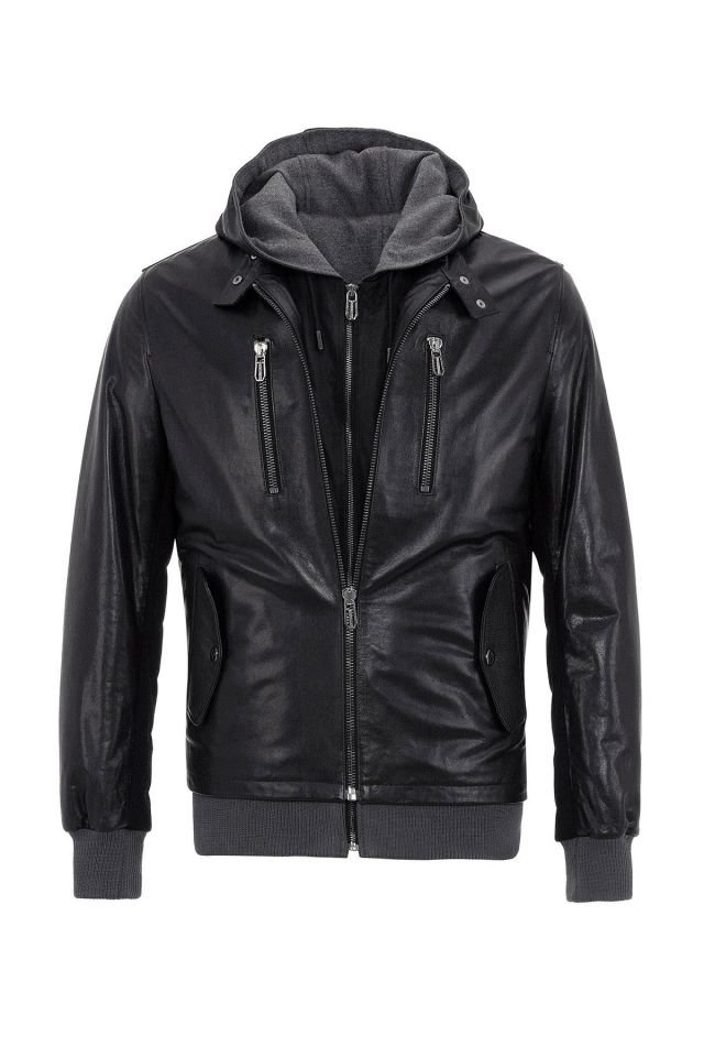 Figo Black Vest Fixed Hooded Zippered Man Genuine Leather Jacket