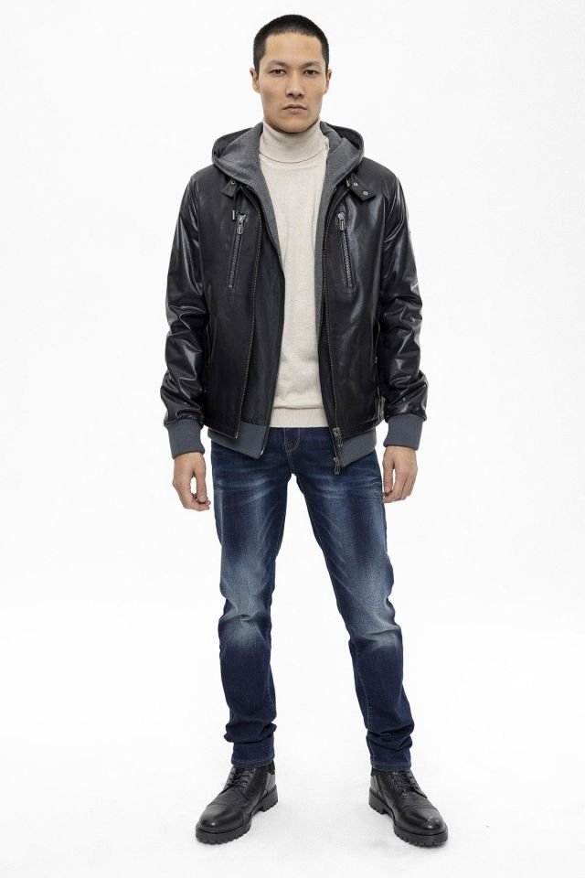 Figo Black Vest Fixed Hooded Zippered Man Genuine Leather Jacket