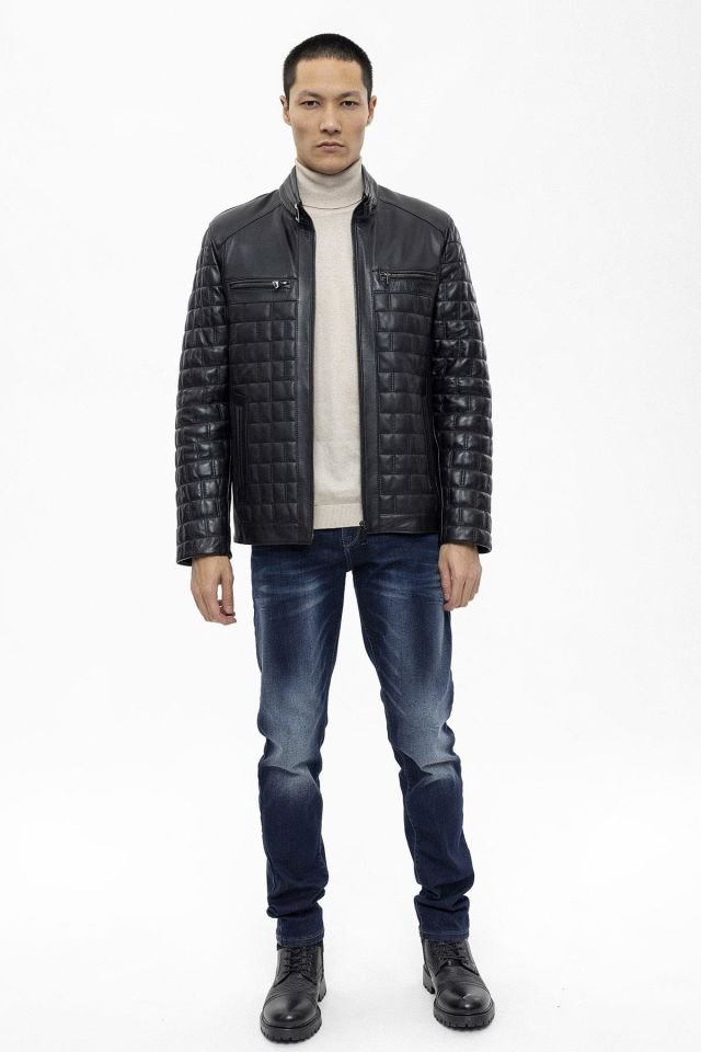 Black Alfredo Quilted Stitched Man Genuine Leather Jacket