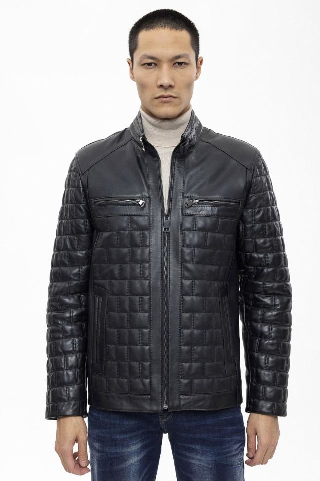Black Alfredo Quilted Stitched Man Genuine Leather Jacket