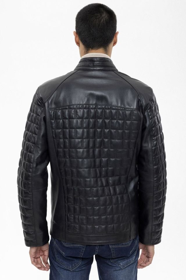 Black Alfredo Quilted Stitched Man Genuine Leather Jacket