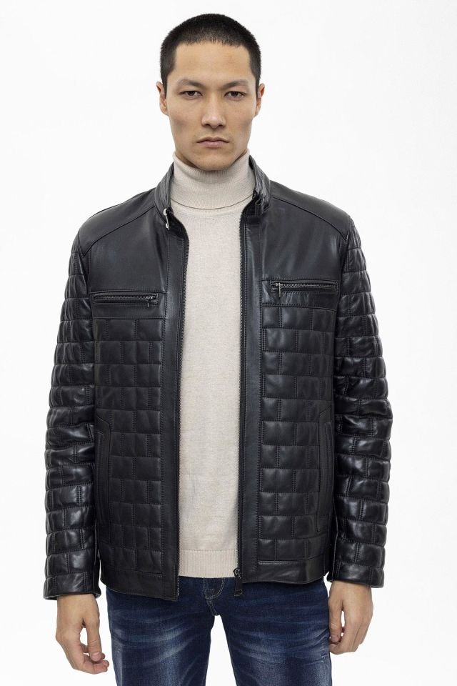 Black Alfredo Quilted Stitched Man Genuine Leather Jacket