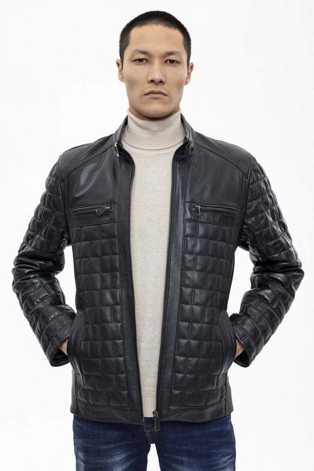 Black Alfredo Quilted Stitched Man Genuine Leather Jacket