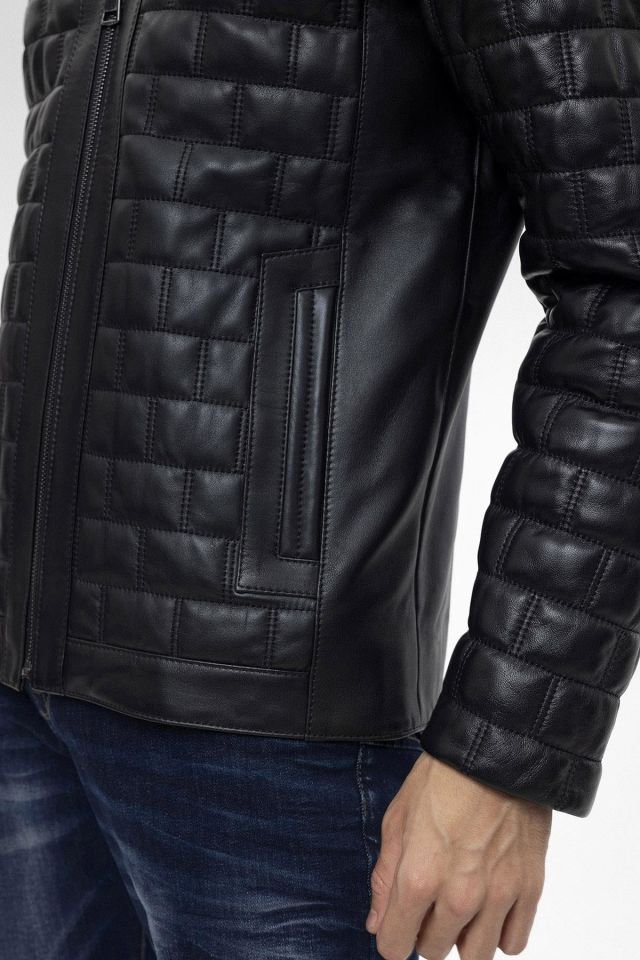 Black Alfredo Quilted Stitched Man Genuine Leather Jacket