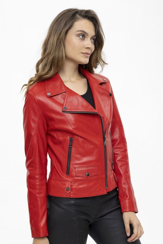 Red Merlot Genuine Leather Woman Biker Jacket