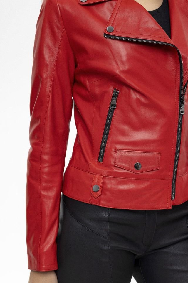 Red Merlot Genuine Leather Woman Biker Jacket