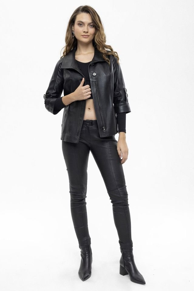 Black Apple Truvakar Sleeve  Woman Genuine Leather Jacket