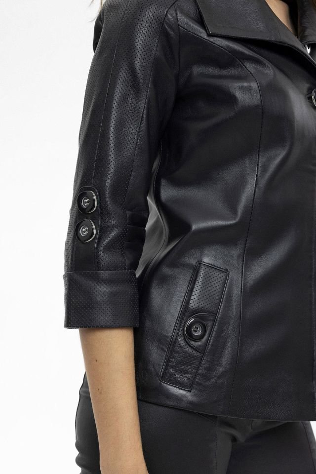 Black Apple Truvakar Sleeve  Woman Genuine Leather Jacket