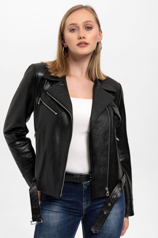 Kity Black Woman Genuine Leather Biker Jacket