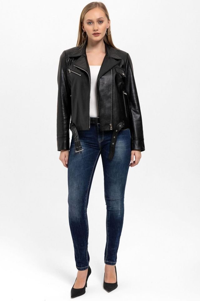 Kity Black Woman Genuine Leather Biker Jacket