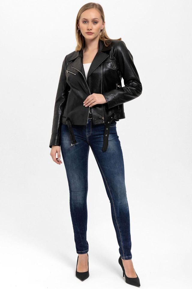 Kity Black Woman Genuine Leather Biker Jacket