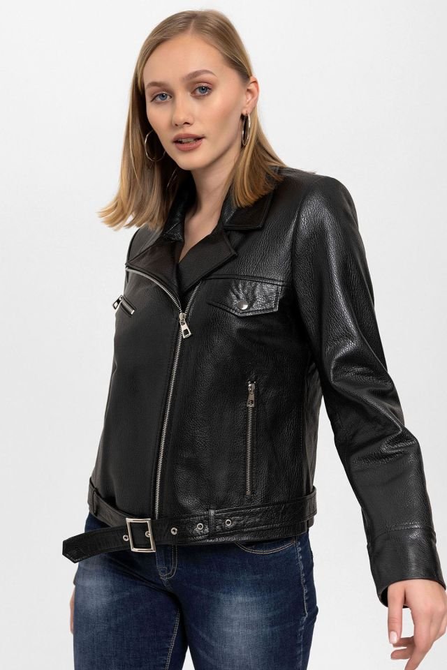 Kity Black Woman Genuine Leather Biker Jacket